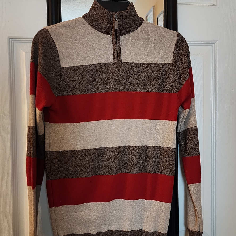 Men's Striped Sweater - Red, Brown, and Cream
